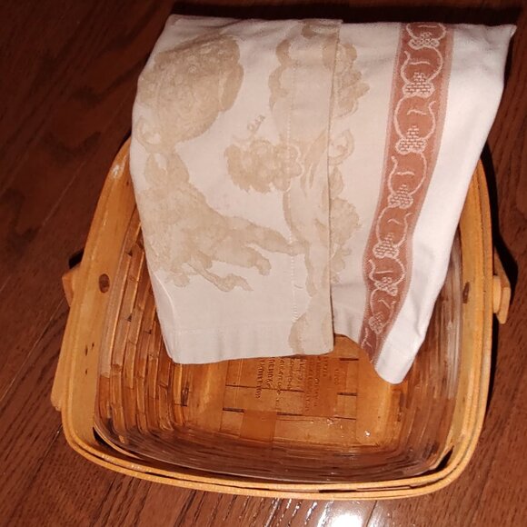 LONGABERGER BASKET WITH FRENCH COTTON TOWEL AND PLASTIC INSERT LINER 8 1/2" SQ - Picture 1 of 5